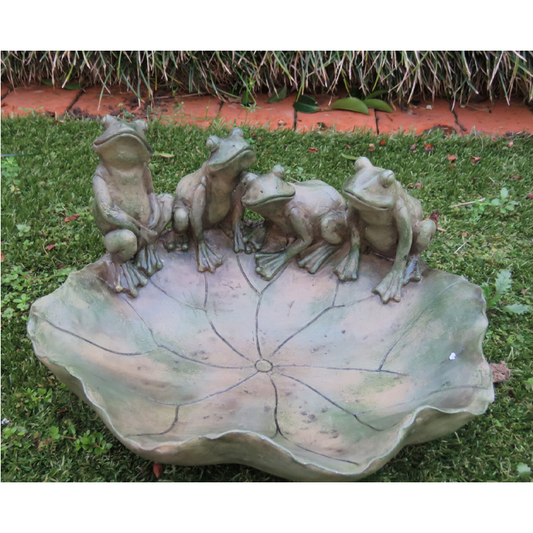 Frogs on lily bowl resin figurine, matte green, 35cm long